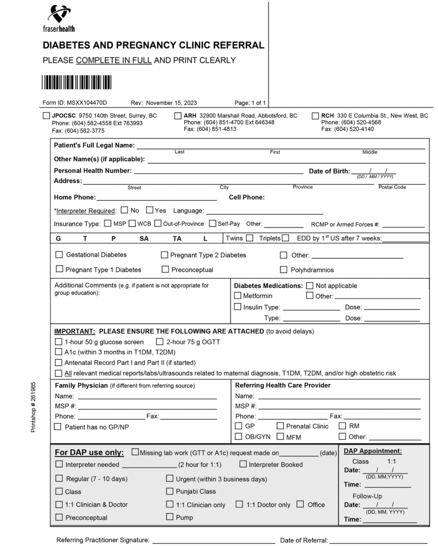 Fraser Health Diabetes in Pregancy referral eForm updated to 2020