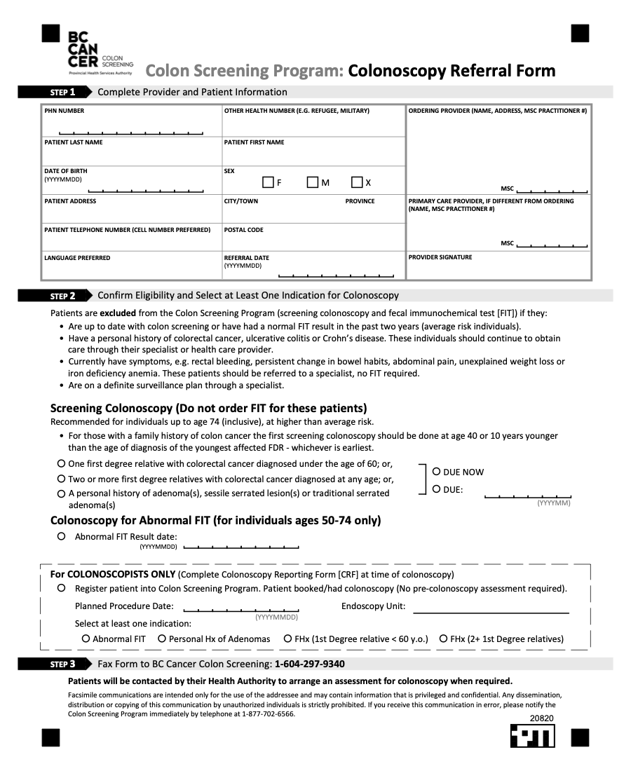 Colon Screening Program: Colonoscopy Referral Form BCCA
