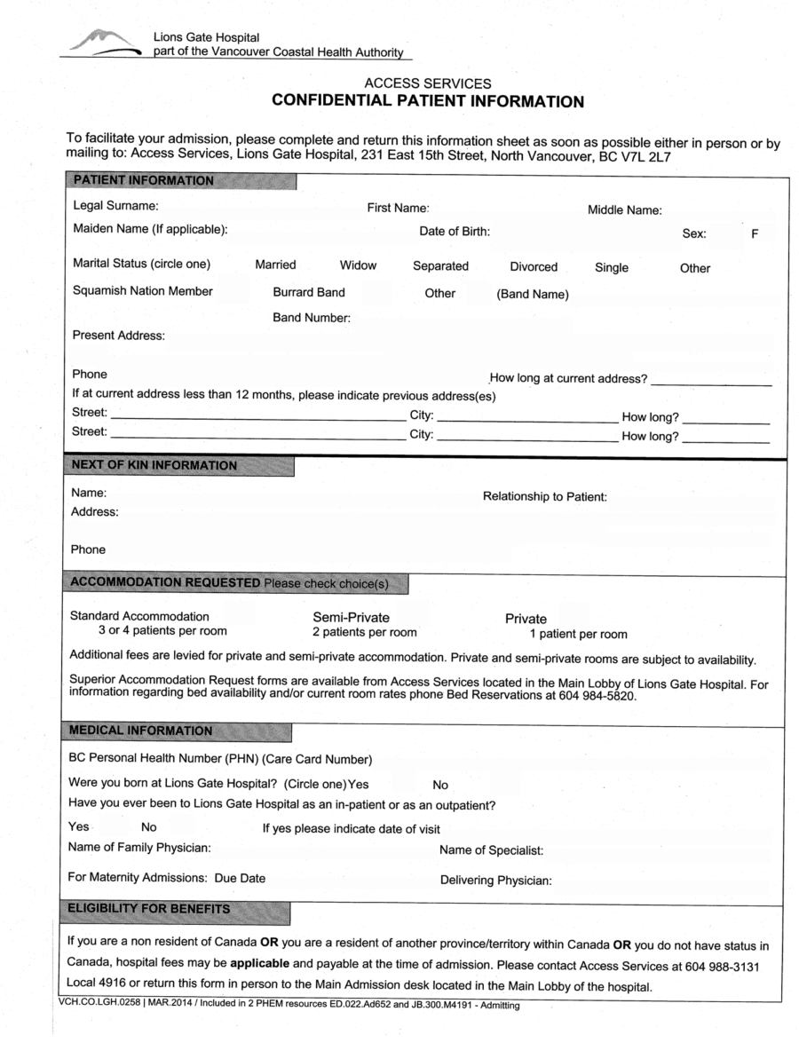 Registration Form for Lions Gate Hospital 2019